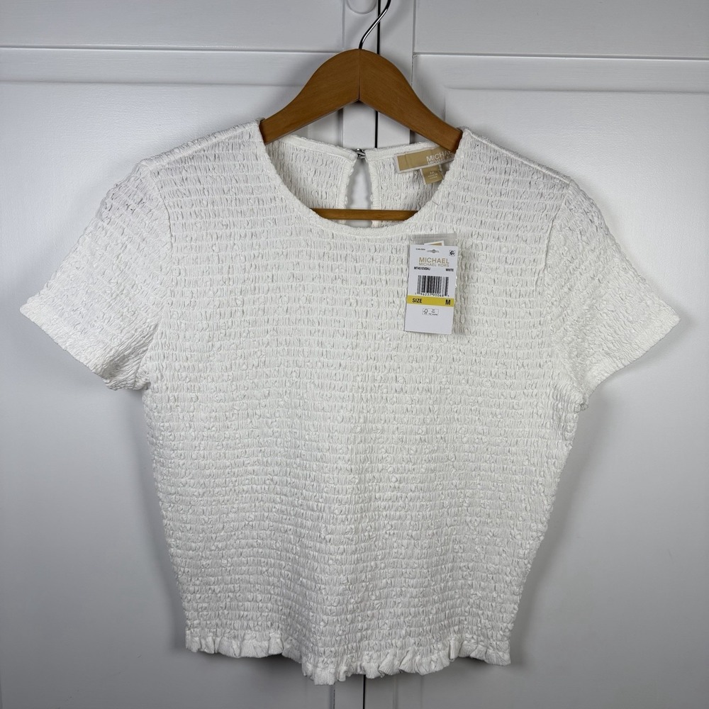 Michael Kors Smocked Crewneck Top Women's Medium Textured White Stretchy‎ NWT